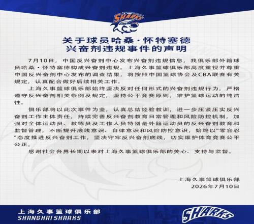 上海男篮回应外援兴奋剂违规：坚守反兴奋剂底线，维护竞赛公平公正
